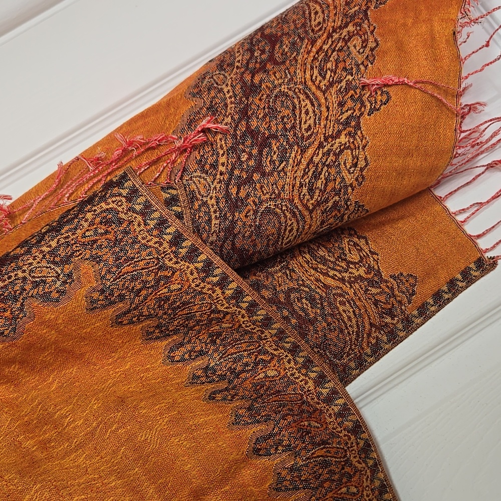 ๐งกโจ Burnt Orange Paisley Pashmina Shawl Wrap Fringe Scarf Reversible 27x77 - Picture 15 of 16